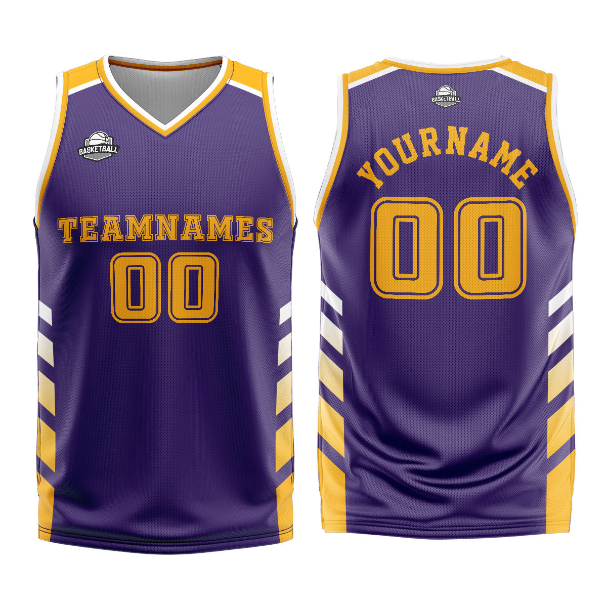 Uniforme de baloncesto personalizado en color morado y amarillo con tu logotipo-nombre y número impresos