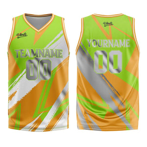 Uniforme de baloncesto personalizado en verde-naranja y gris con tu logotipo-nombre y número impresos
