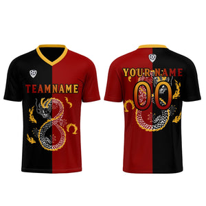 Conjunto personalizado de camiseta de uniforme rojo y negro para niños y adultos