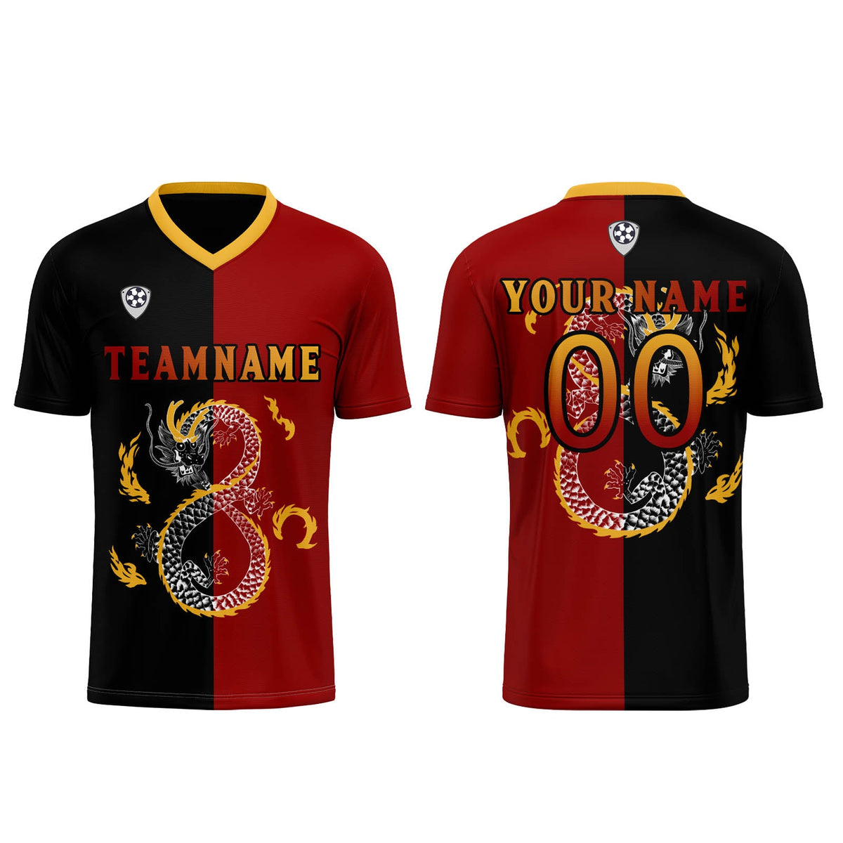 Conjunto personalizado de camiseta de uniforme rojo y negro para niños y adultos