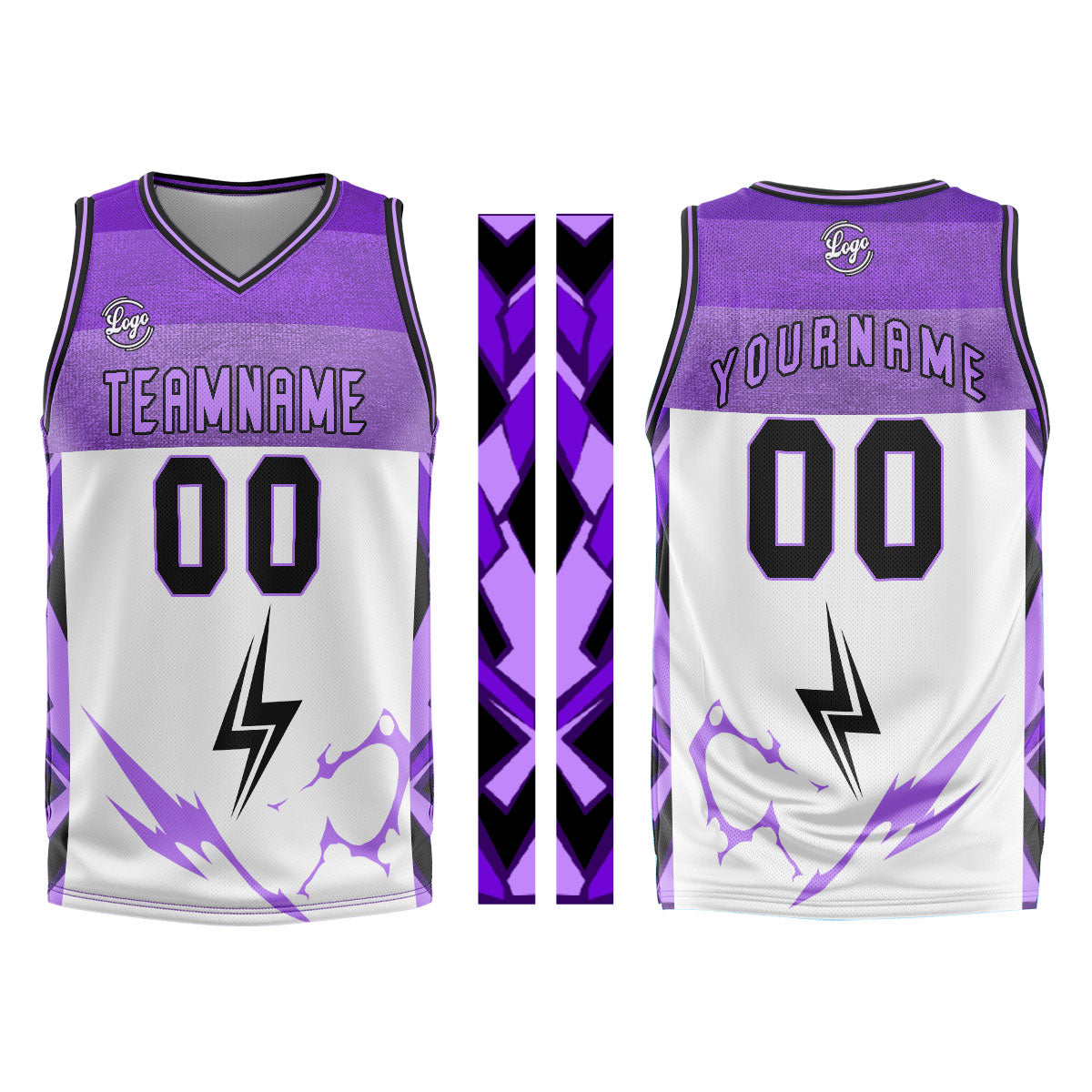 Uniforme de baloncesto personalizado blanco y morado con tu logotipo-nombre y número impresos