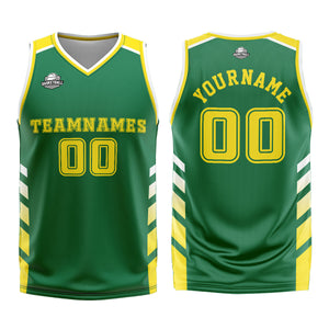 Uniforme de baloncesto personalizado verde y amarillo con tu logotipo-nombre y número impresos