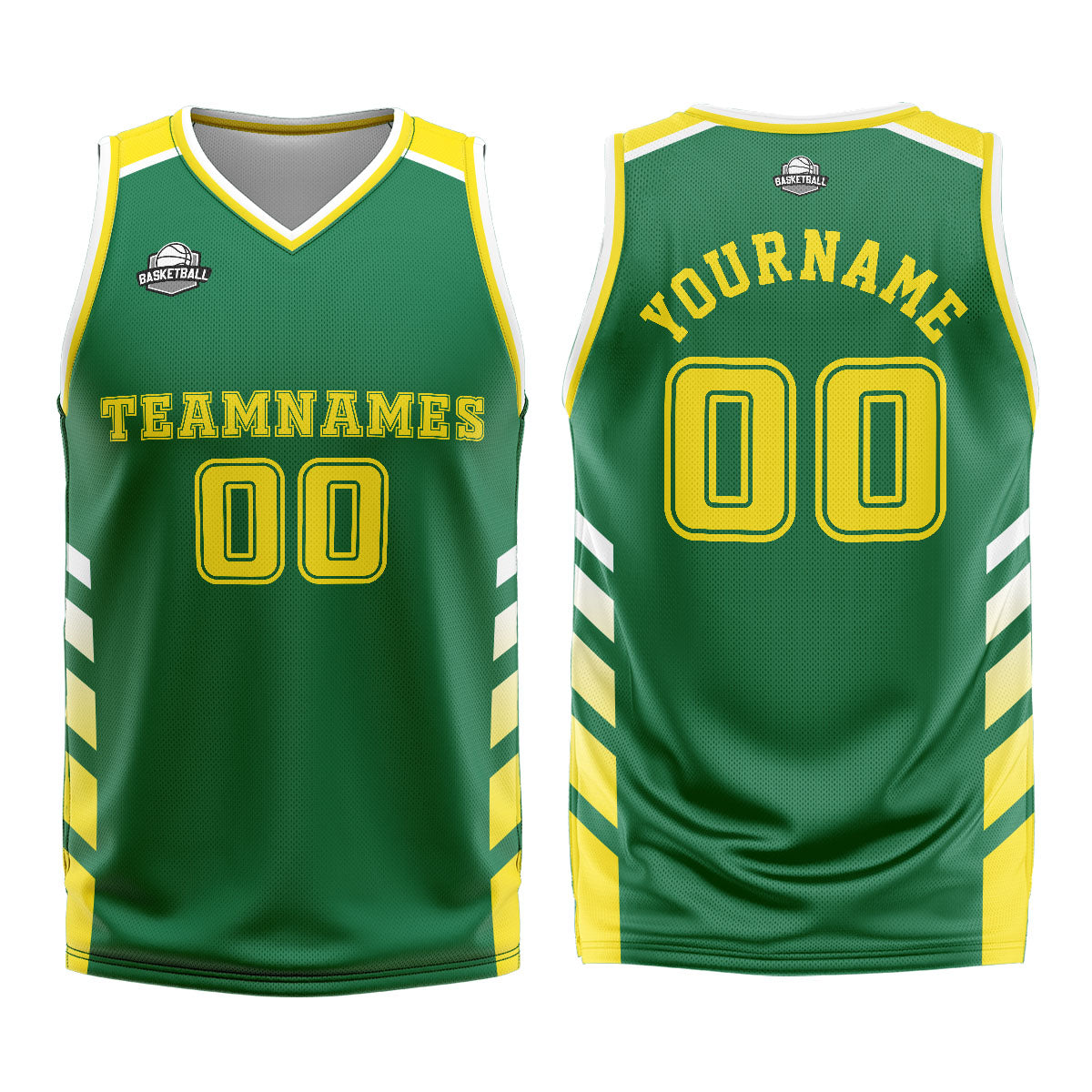 Uniforme de baloncesto personalizado verde y amarillo con tu logotipo-nombre y número impresos