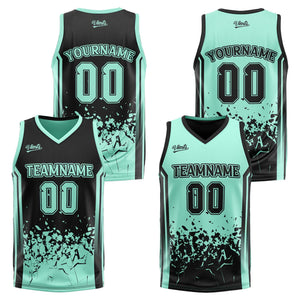Traje de baloncesto reversible negro y verde claro personalizado para adultos y niños