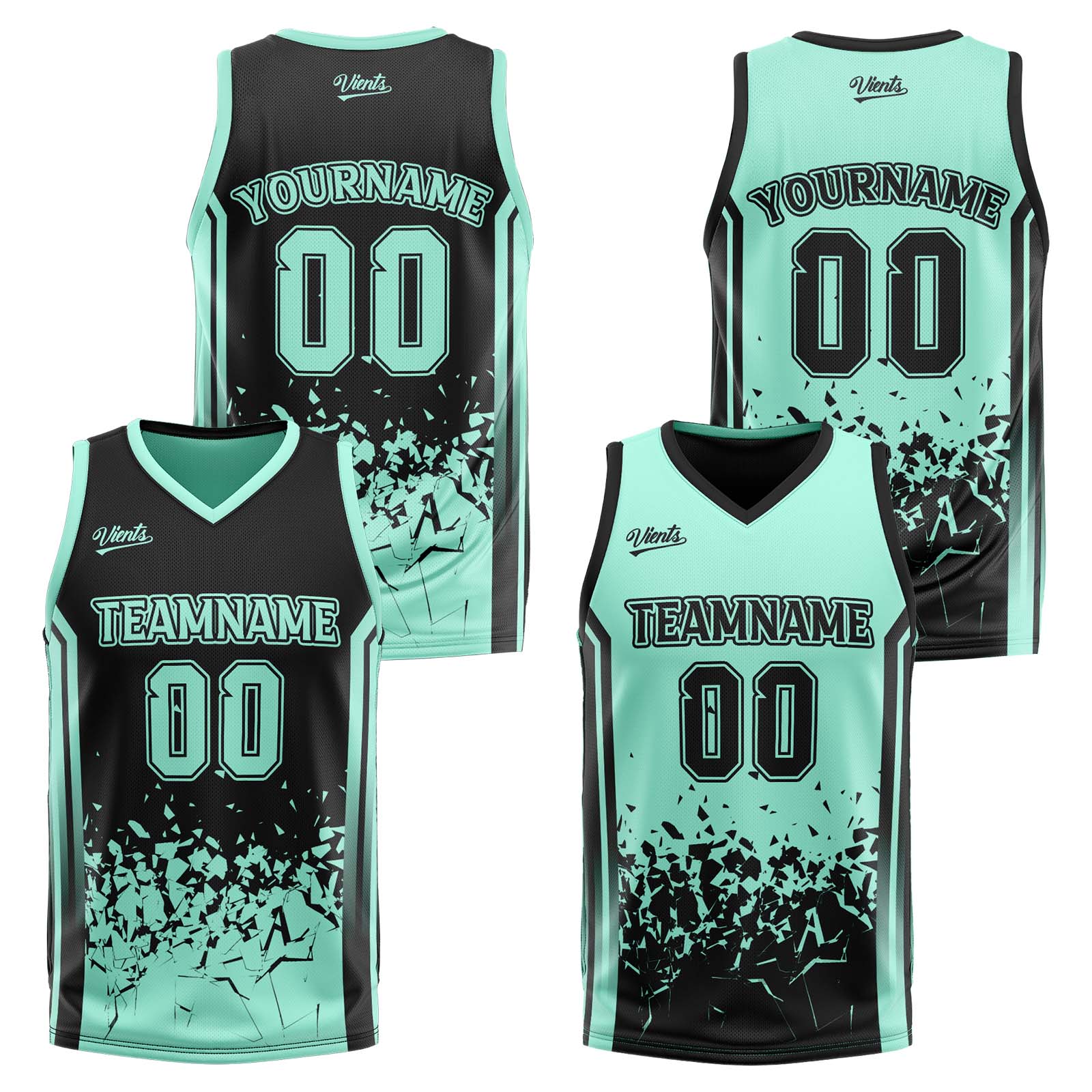 Traje de baloncesto reversible negro y verde claro personalizado para adultos y niños