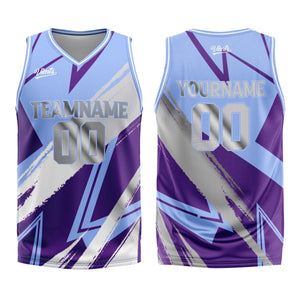 Uniforme de baloncesto personalizado en azul-morado y gris con tu logotipo-nombre y número impresos