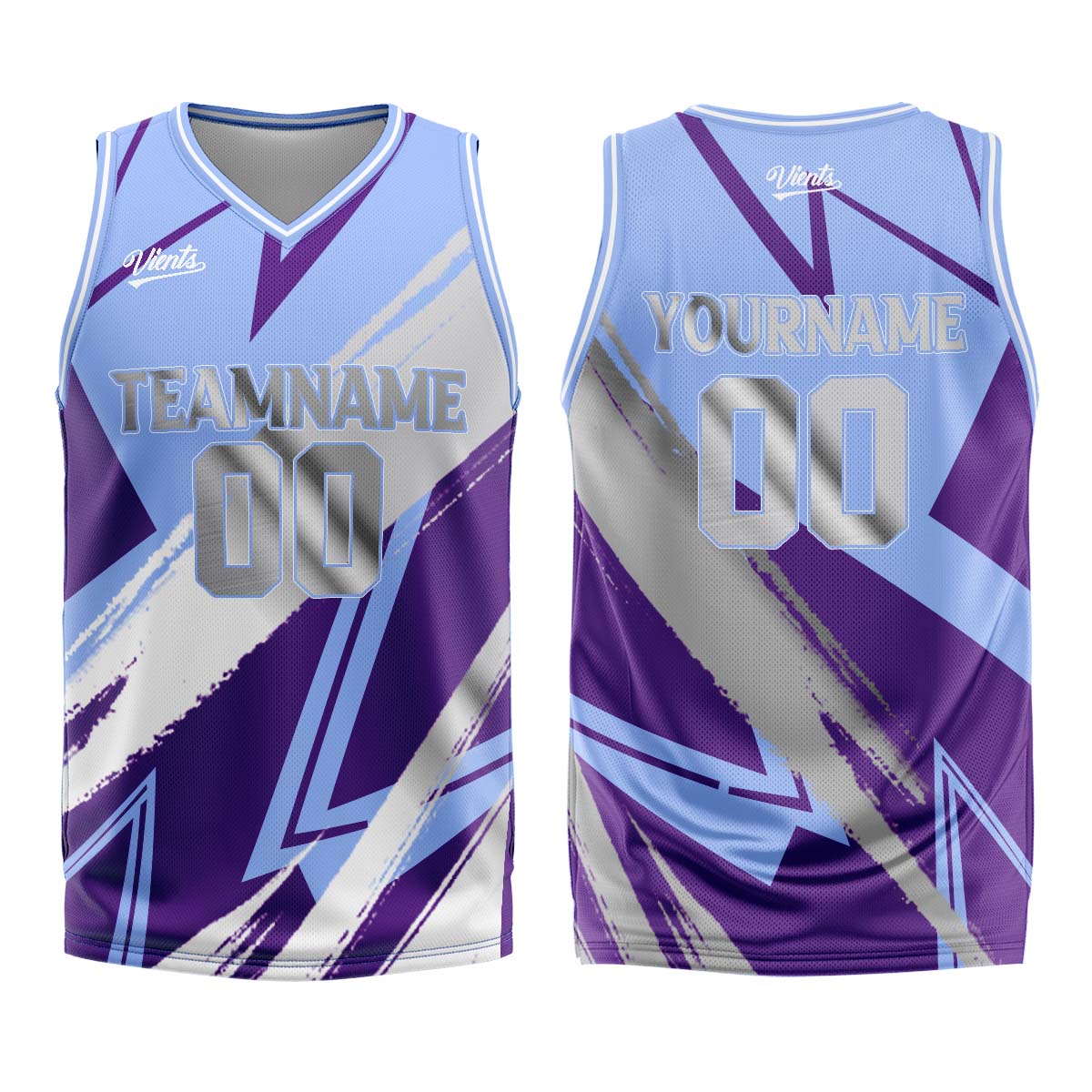 Uniforme de baloncesto personalizado en azul-morado y gris con tu logotipo-nombre y número impresos