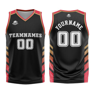 Uniforme de baloncesto personalizado en negro y rojo con tu logotipo-nombre y número impresos