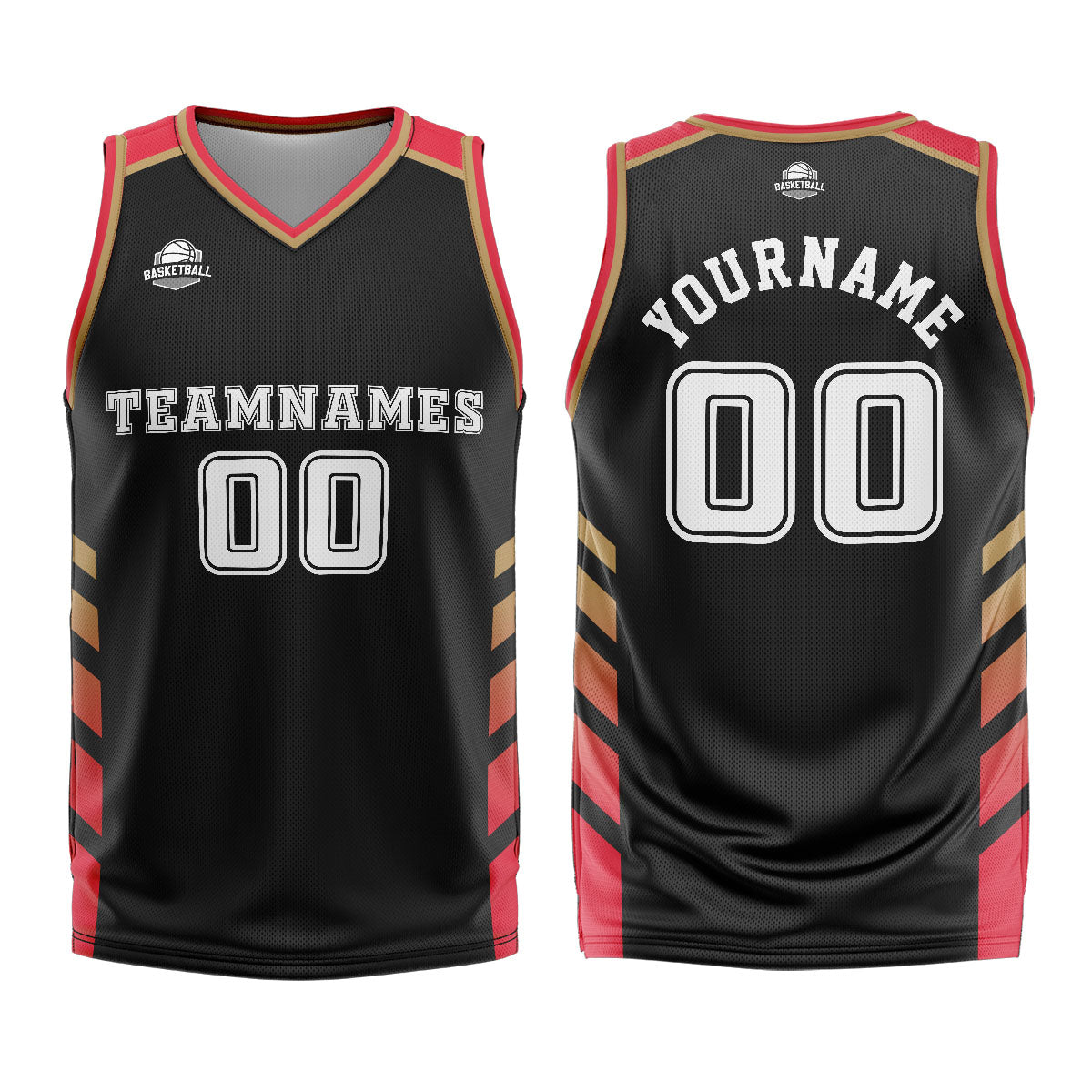 Uniforme de baloncesto personalizado en negro y rojo con tu logotipo-nombre y número impresos