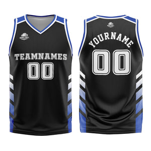 Uniforme de baloncesto personalizado en negro y azul con tu logotipo-nombre y número impresos