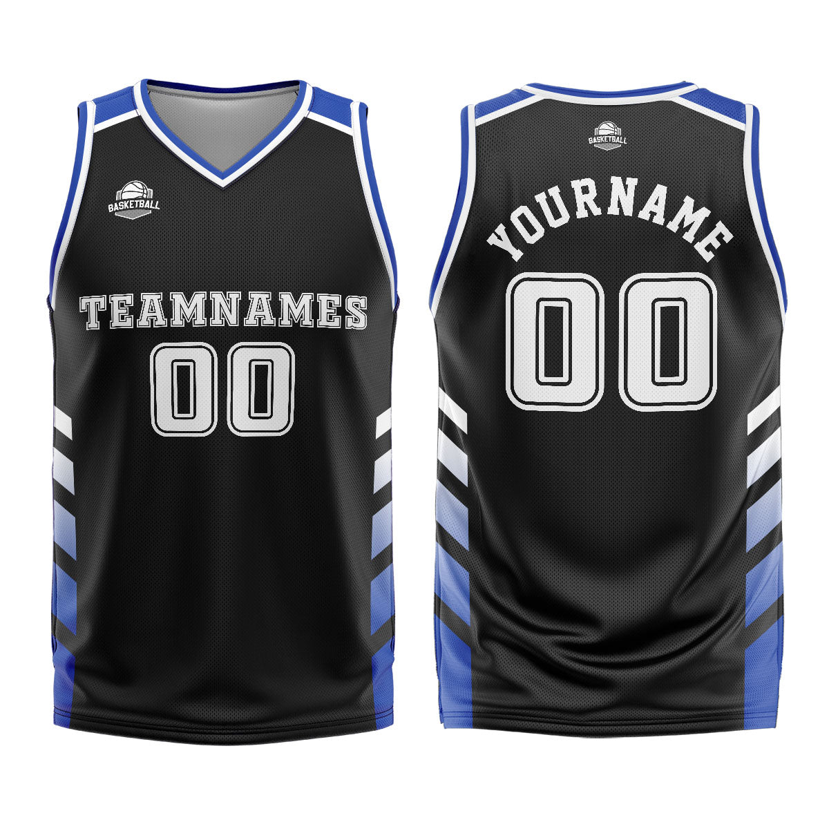 Uniforme de baloncesto personalizado en negro y azul con tu logotipo-nombre y número impresos