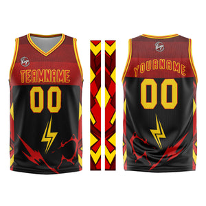 Uniforme de baloncesto personalizado en negro-rojo y amarillo con tu logotipo-nombre y número impresos