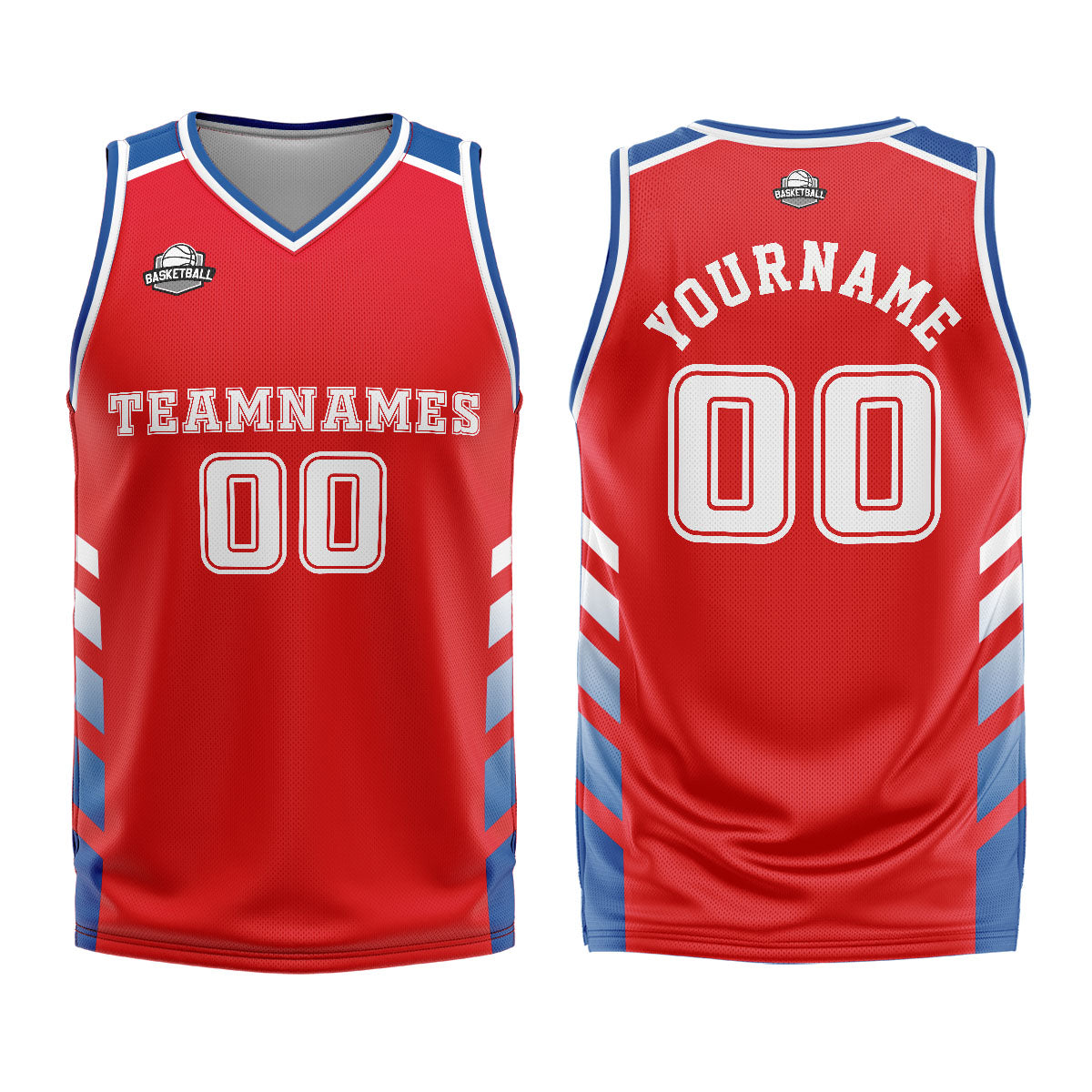Uniforme de baloncesto personalizado rojo y azul con tu logotipo-nombre y número impresos
