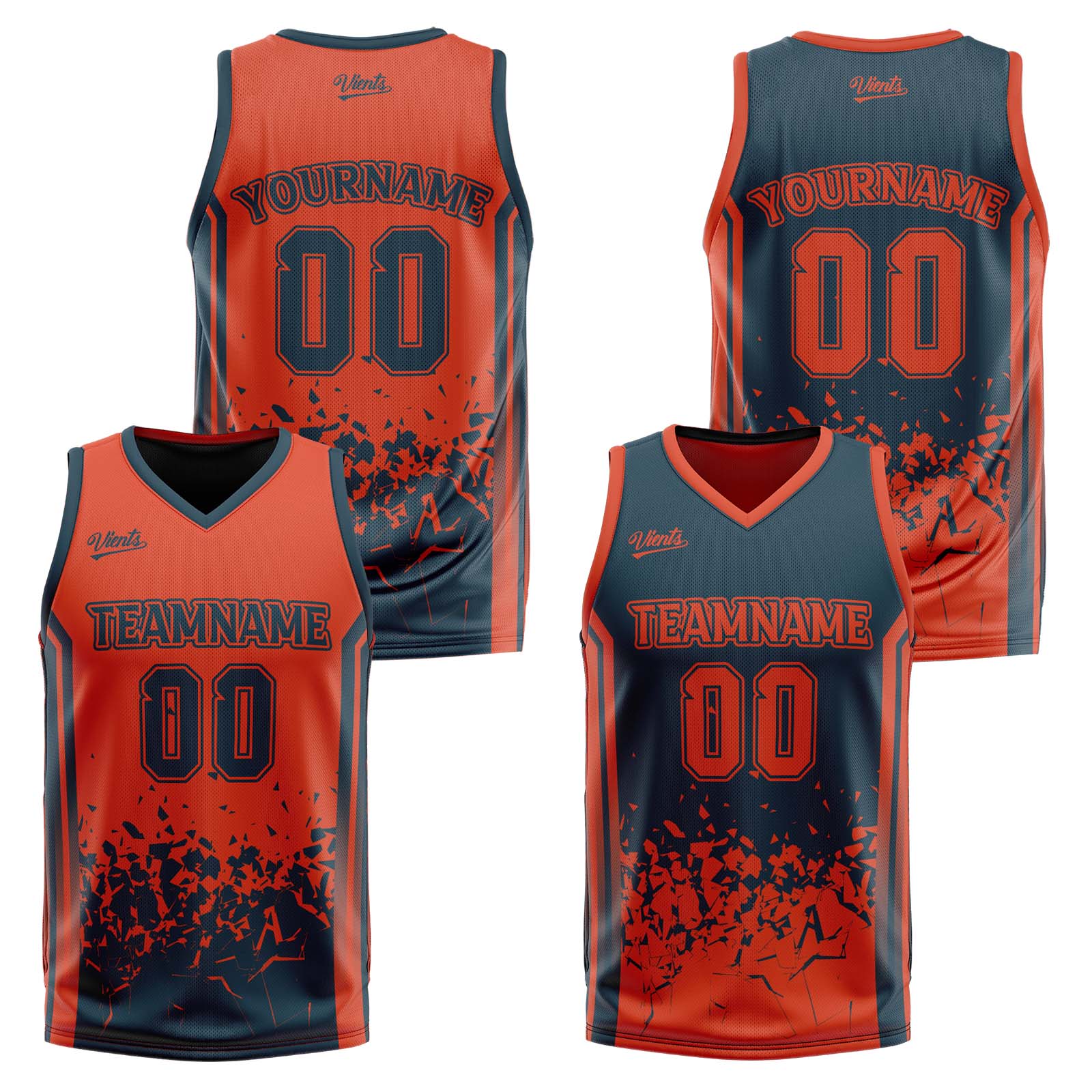 Traje de baloncesto reversible azul marino y naranja personalizado para adultos y niños