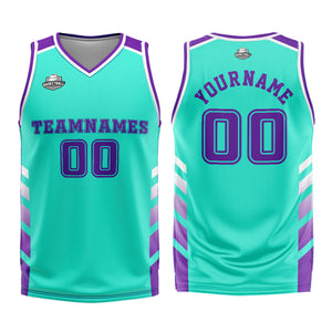 Uniforme de baloncesto personalizado color púrpura cian con tu logotipo-nombre y número impresos