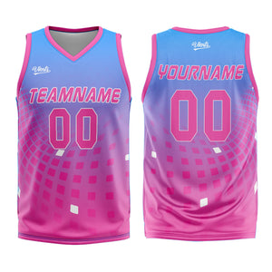 Uniforme de baloncesto personalizado azul y rosa con tu logotipo-nombre y número impresos