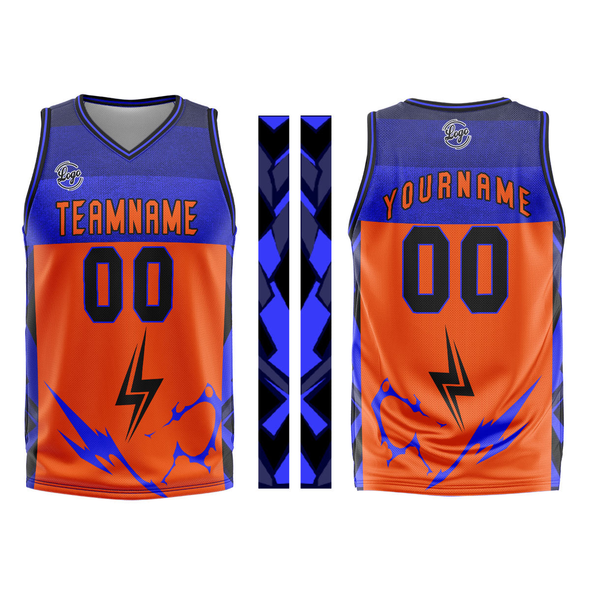 Uniforme de baloncesto personalizado naranja y azul con tu logotipo-nombre y número impresos