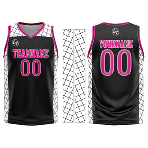 Uniforme de baloncesto personalizado en negro y rosa con tu logotipo-nombre y número impresos