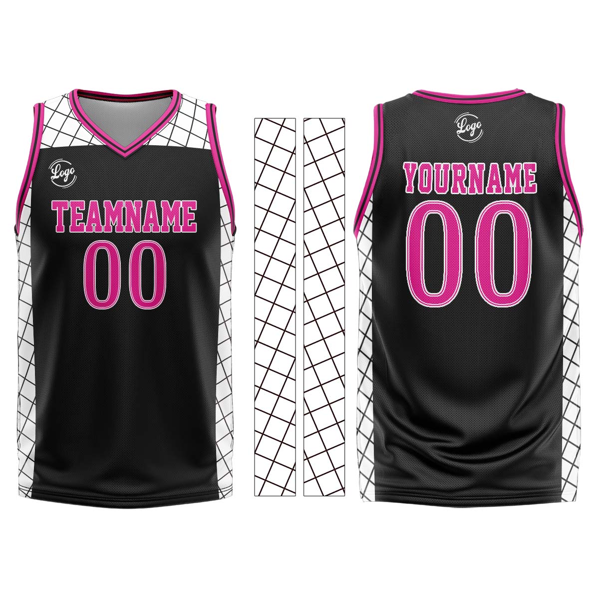 Uniforme de baloncesto personalizado en negro y rosa con tu logotipo-nombre y número impresos