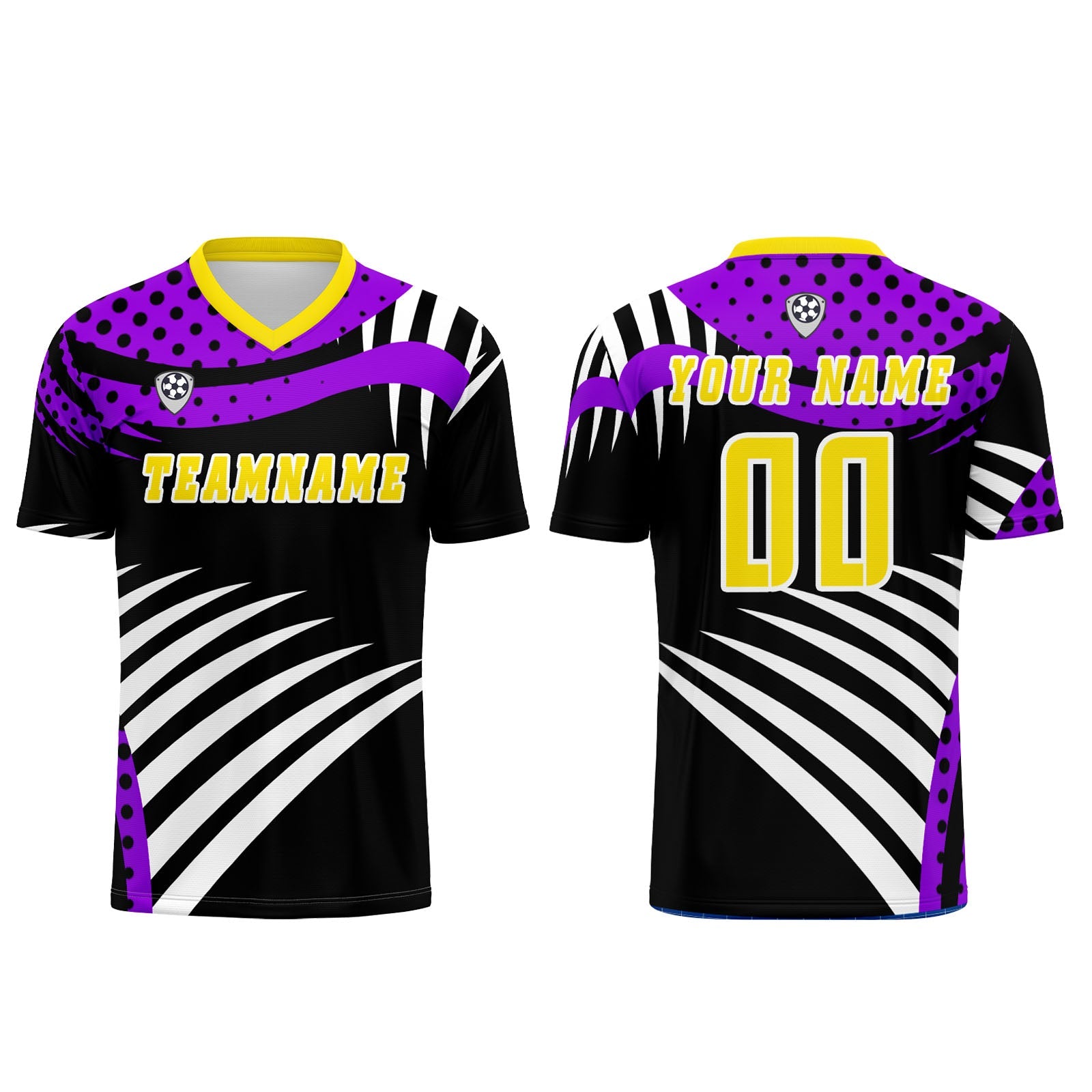 Conjunto personalizado de camiseta de uniforme amarilla y morada para niños y adultos