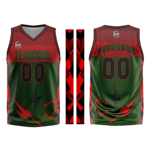 Uniforme de baloncesto personalizado verde y rojo con tu logotipo-nombre y número impresos