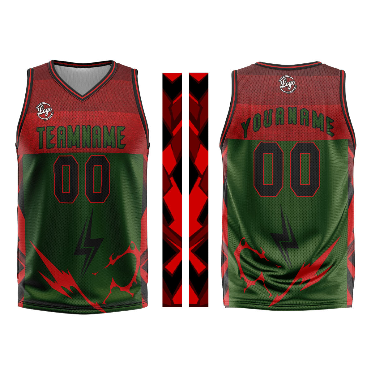 Uniforme de baloncesto personalizado verde y rojo con tu logotipo-nombre y número impresos