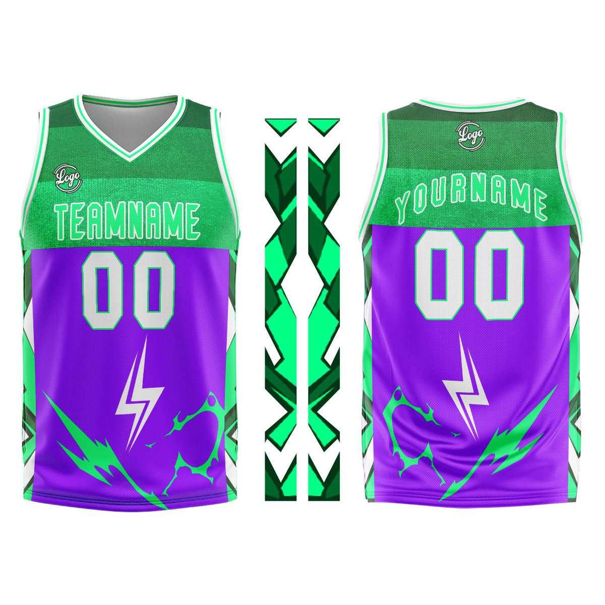 Uniforme de baloncesto personalizado en color morado y verde con tu logotipo-nombre y número impresos