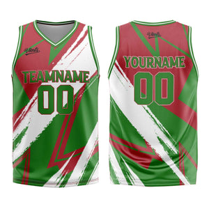 Uniforme de baloncesto personalizado rojo y verde con tu logotipo-nombre y número impresos