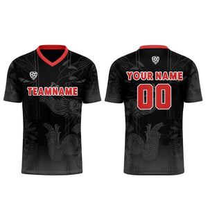 Conjunto personalizado de camiseta de uniforme negra y roja para niños y adultos