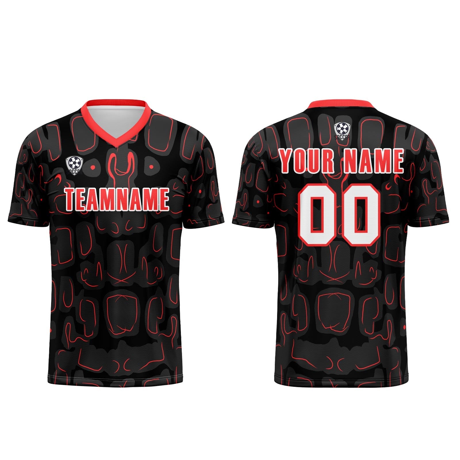 Conjunto personalizado de camiseta de fútbol negra y roja para niños y adultos