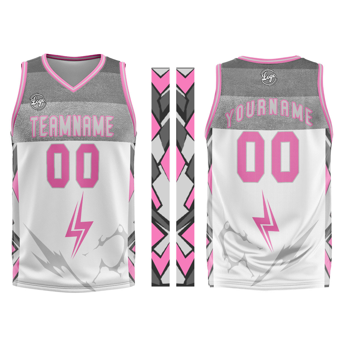 Uniforme de baloncesto personalizado en blanco-gris y rosa con tu logotipo-nombre y número impresos