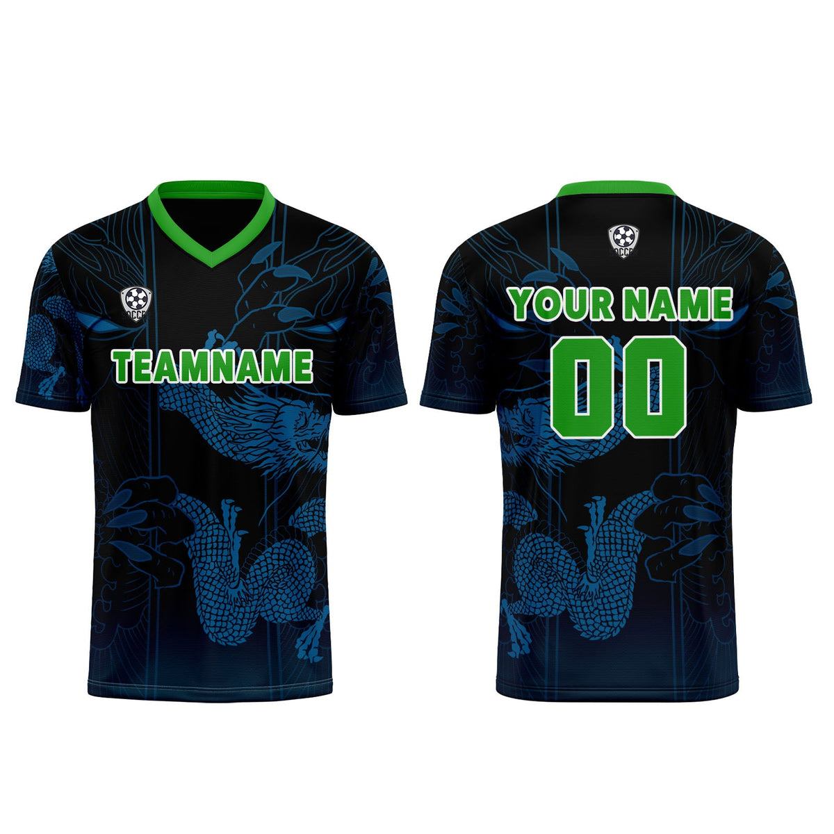 Conjunto personalizado de camiseta de uniforme azul y verde para niños y adultos