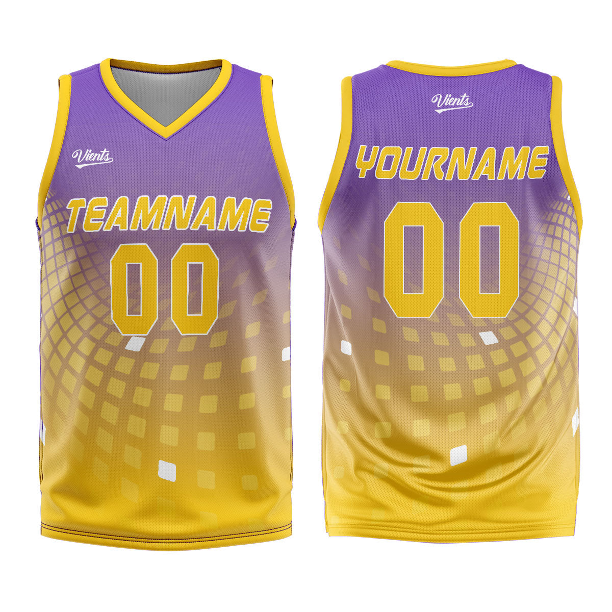 Uniforme de baloncesto personalizado en color morado y amarillo con tu logotipo-nombre y número impresos