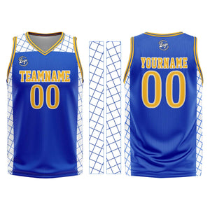 Uniforme de baloncesto personalizado azul y amarillo con tu logotipo-nombre y número impresos