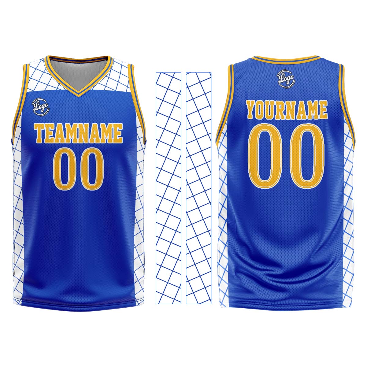 Uniforme de baloncesto personalizado azul y amarillo con tu logotipo-nombre y número impresos