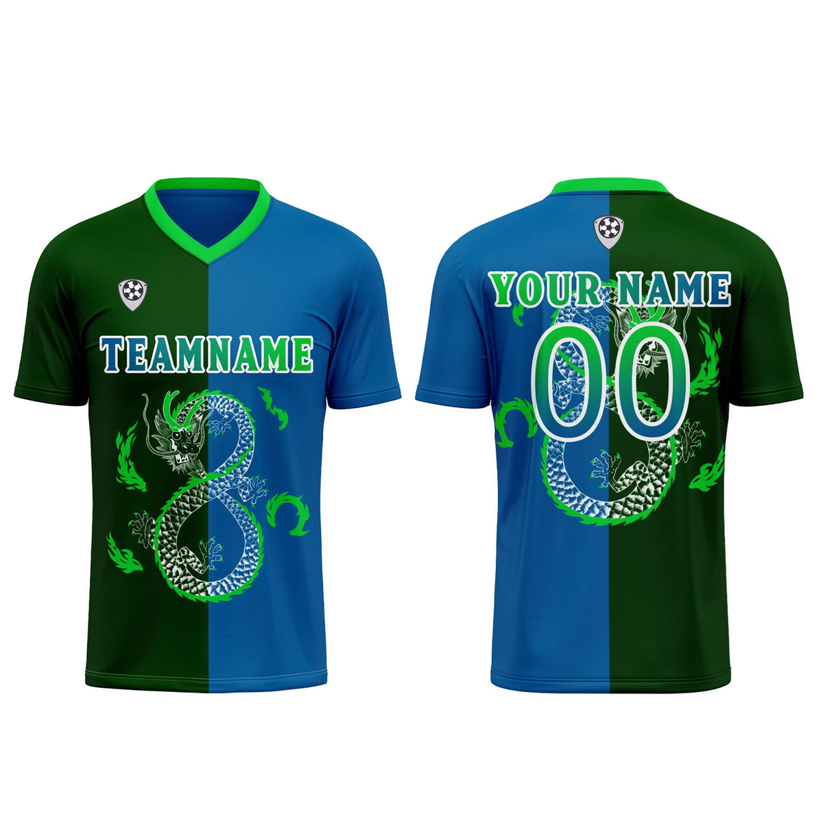 Conjunto personalizado de camiseta de uniforme azul y verde para niños y adultos