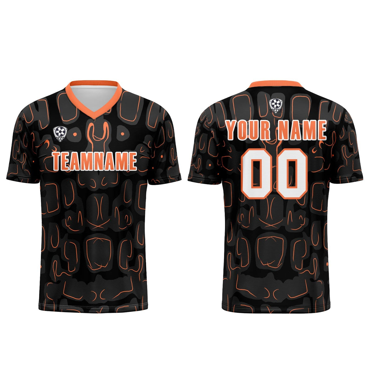 Conjunto personalizado de camiseta de fútbol negra y naranja para niños y adultos