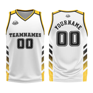 Uniforme de baloncesto personalizado blanco y amarillo con tu logotipo-nombre y número impresos