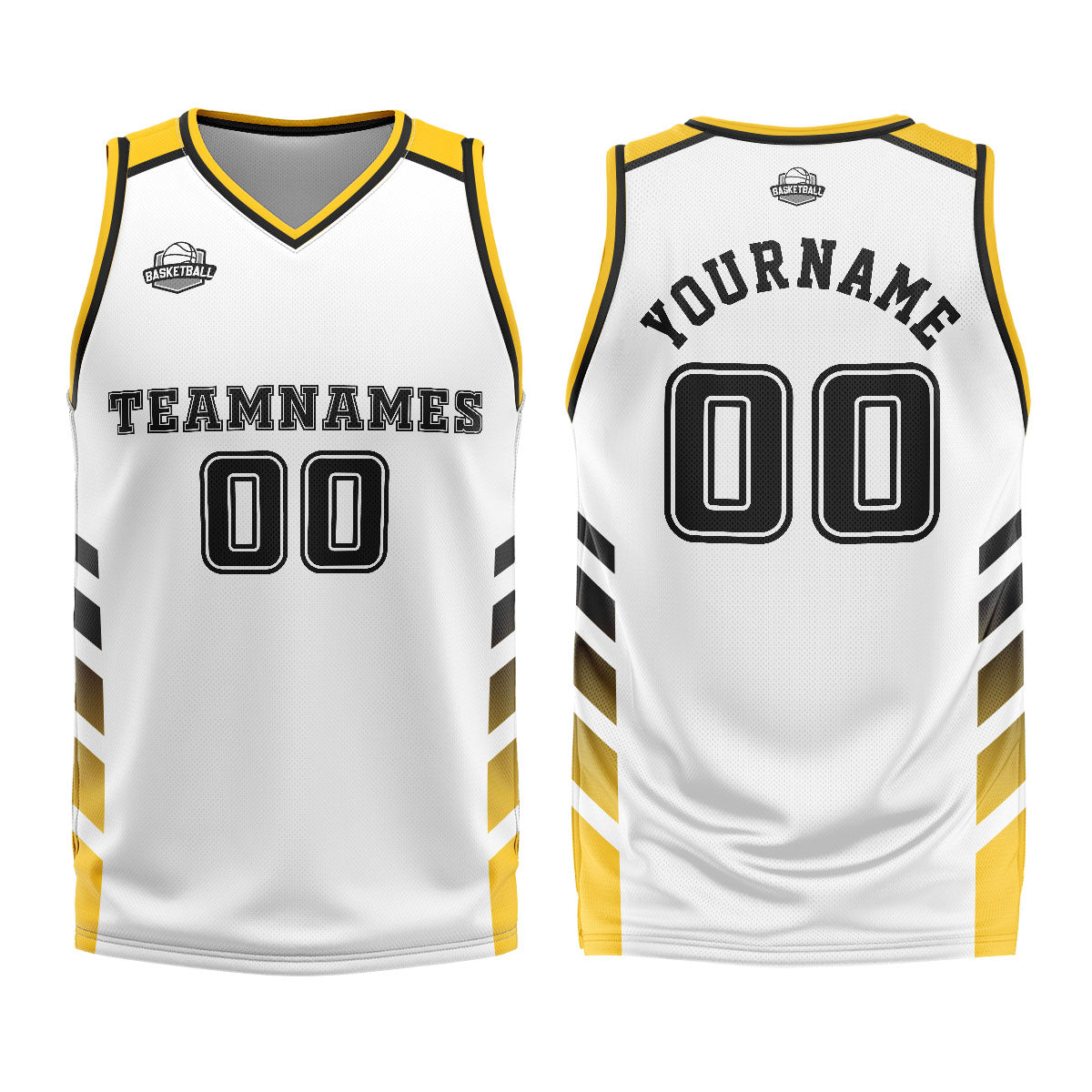 Uniforme de baloncesto personalizado blanco y amarillo con tu logotipo-nombre y número impresos