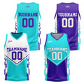 Traje de baloncesto reversible azul claro y morado personalizado para adultos y niños