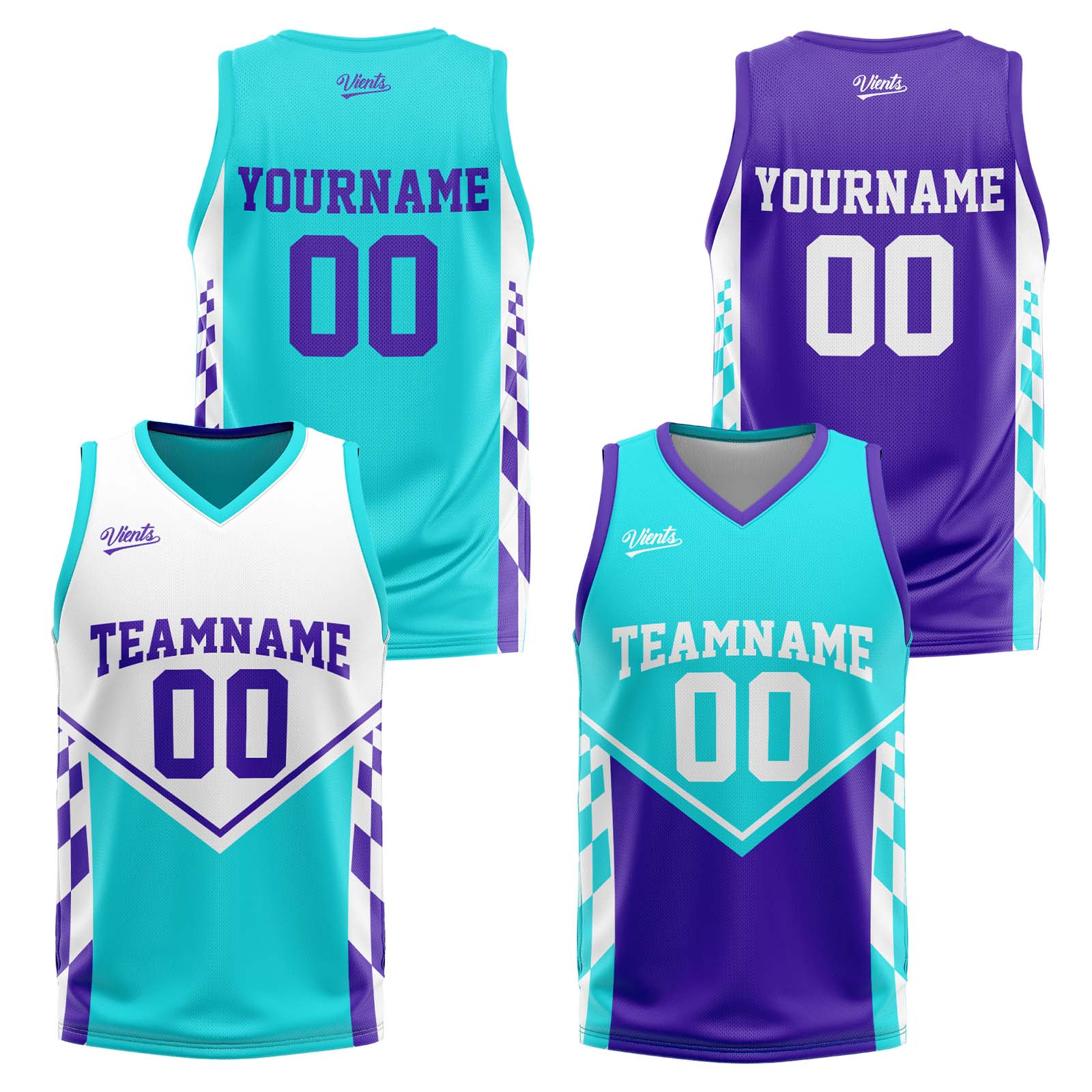 Traje de baloncesto reversible azul claro y morado personalizado para adultos y niños