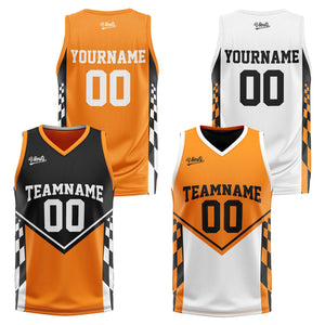 Traje de baloncesto reversible negro y naranja personalizado para adultos y niños