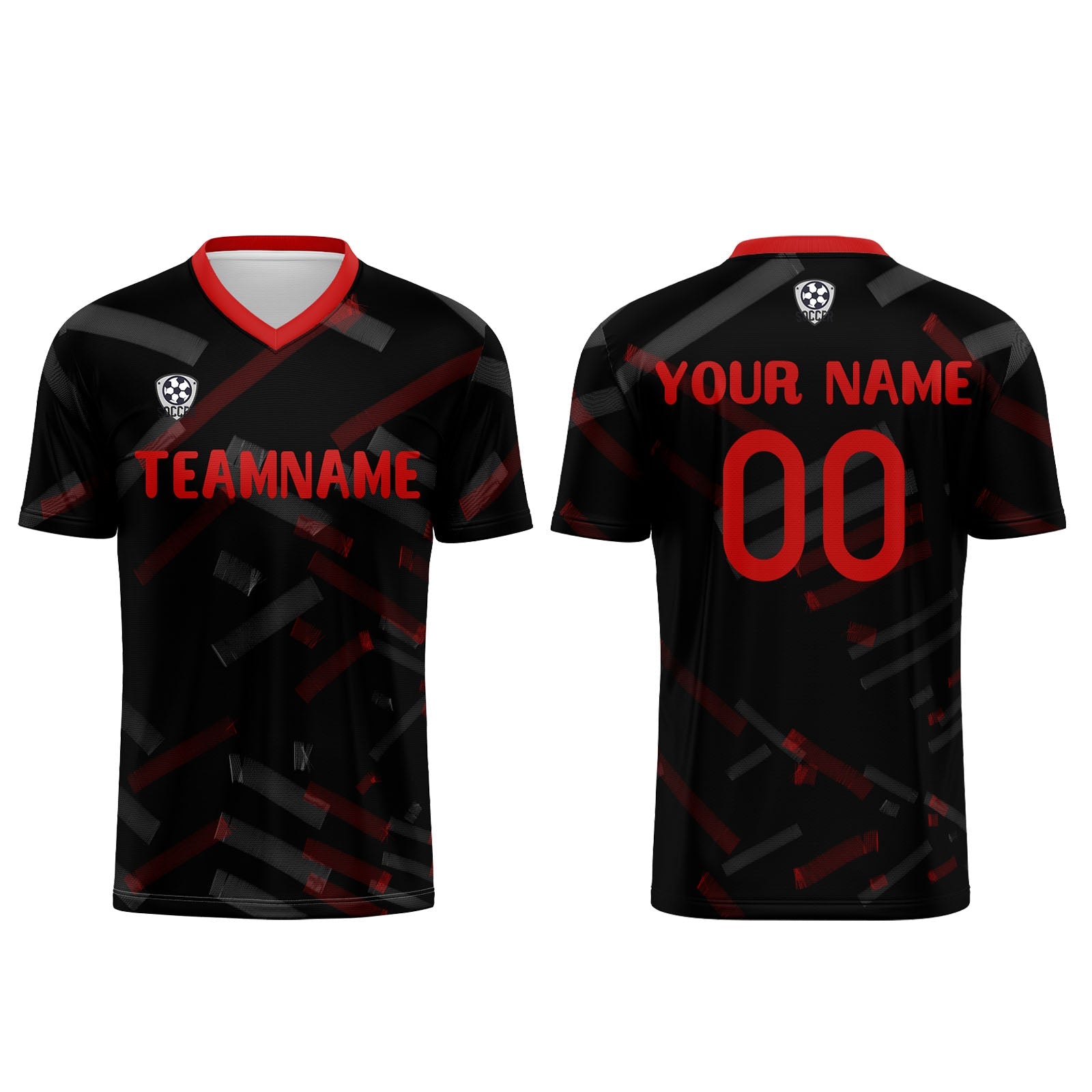 Conjunto personalizado de camiseta de fútbol negra y roja para niños y adultos