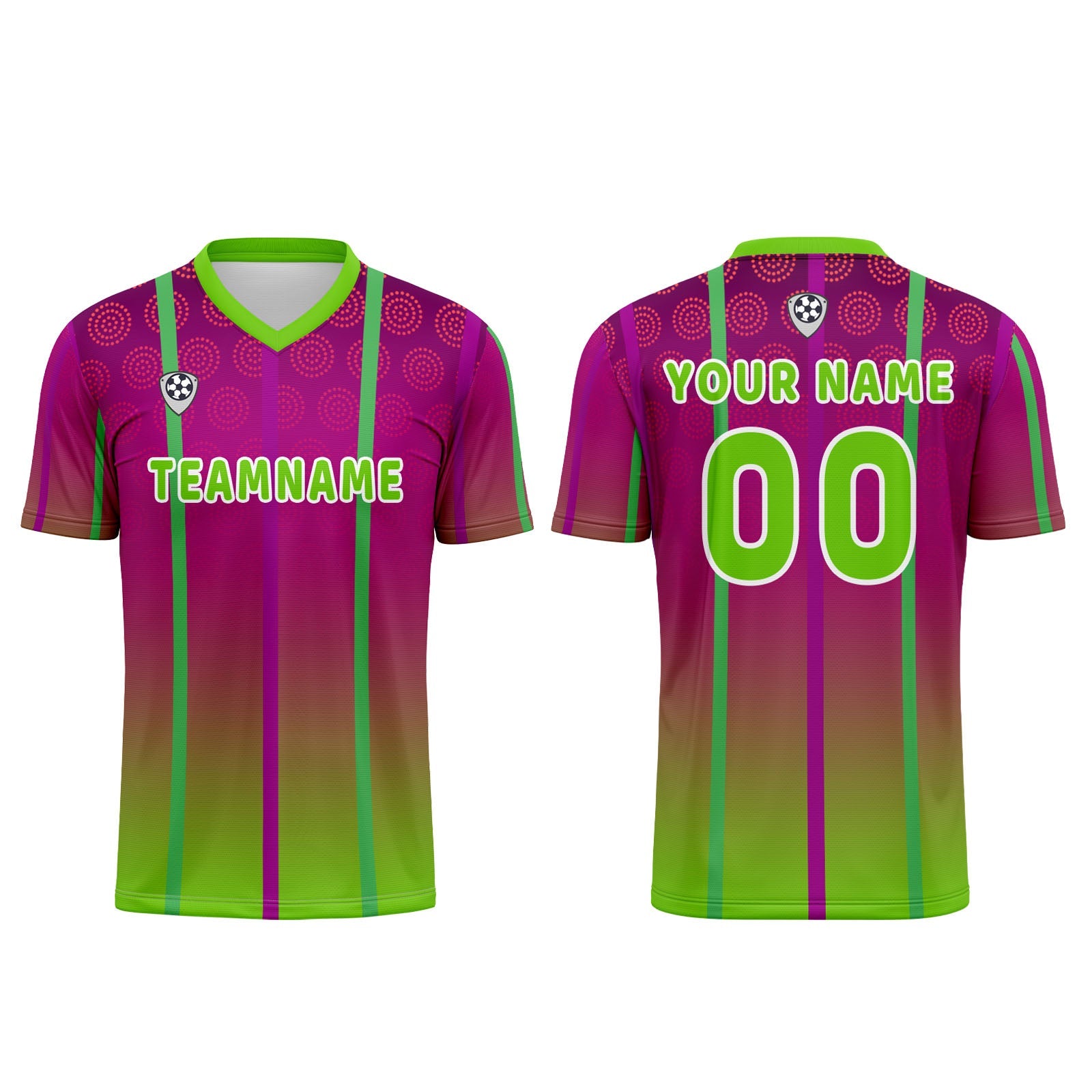 Conjunto personalizado de camiseta de uniforme rosa rojo y verde para niños y adultos