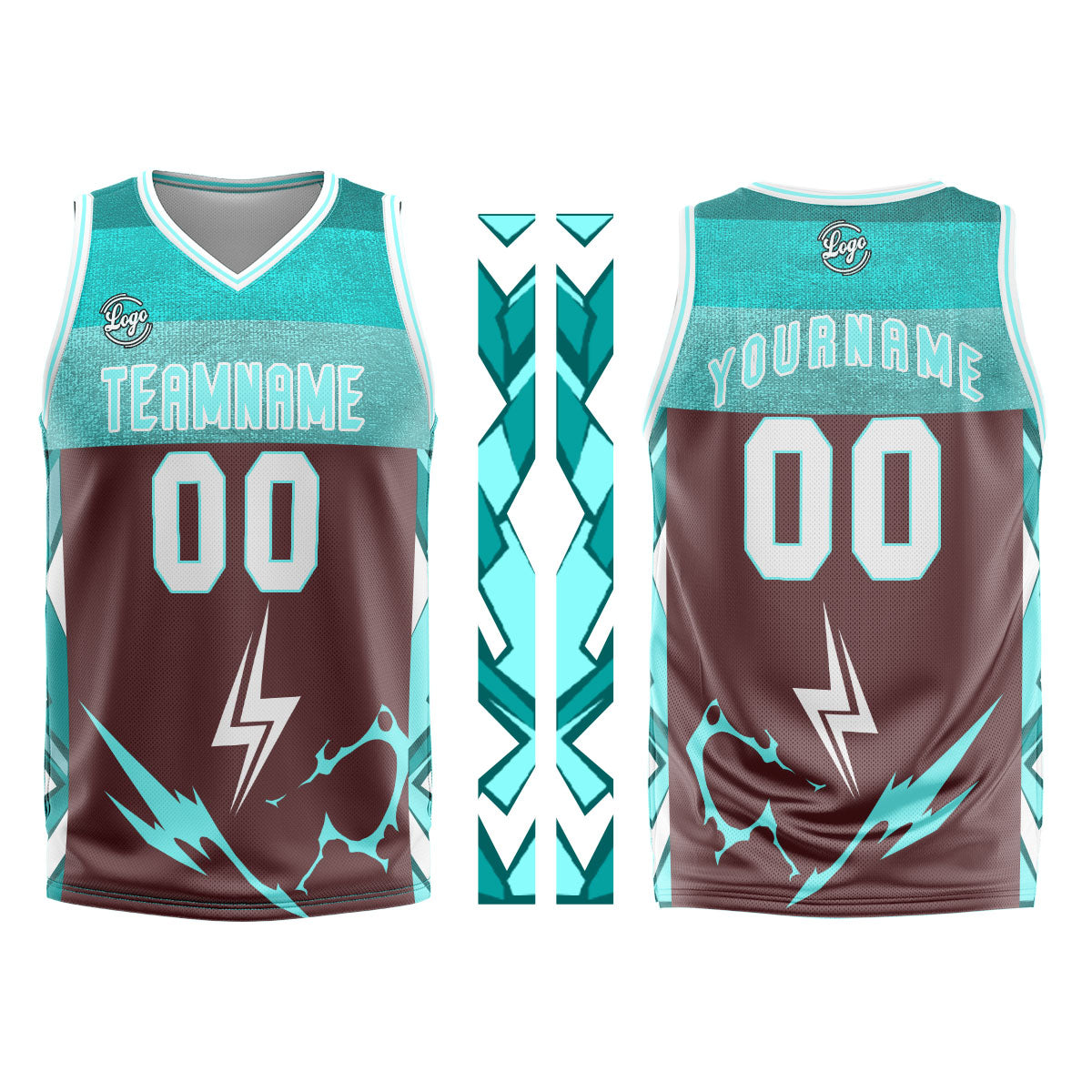 Uniforme de baloncesto personalizado en color marrón cian con tu logotipo-nombre y número impresos