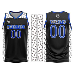 Uniforme de baloncesto personalizado en negro y azul con tu logotipo-nombre y número impresos
