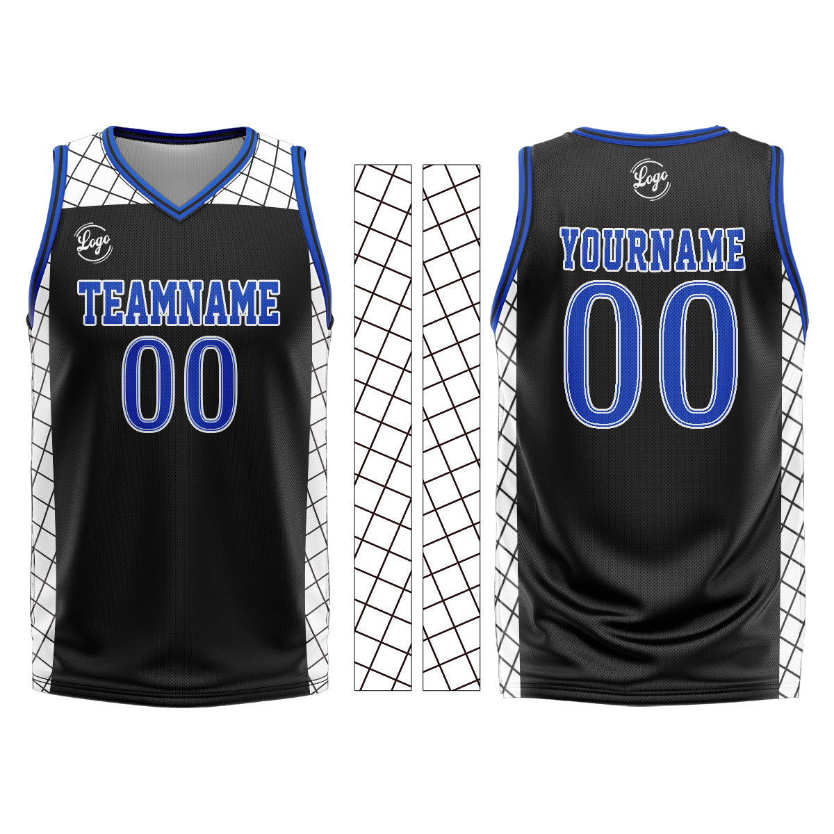 Uniforme de baloncesto personalizado en negro y azul con tu logotipo-nombre y número impresos