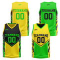 Traje de baloncesto reversible personalizado en negro-amarillo y verde claro para adultos y niños