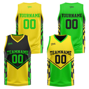 Traje de baloncesto reversible personalizado en negro-amarillo y verde claro para adultos y niños