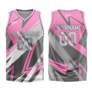 Uniforme de baloncesto rosa y gris personalizado con tu logotipo-nombre y número impresos